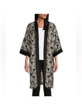 🎩🗝️NWT $89 Slim Factor by Investments Stylized Floral Print 3/4 Sleeve Kimono